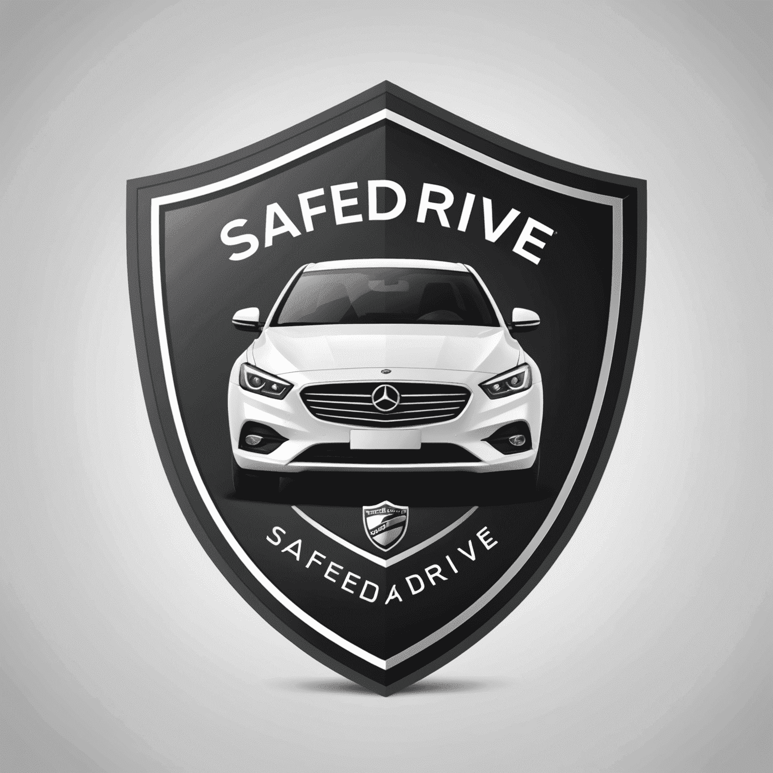 SafeDrive logo: een stijlvol ontwerp met een auto silhouet en een schild, wat veiligheid en bescherming symboliseert