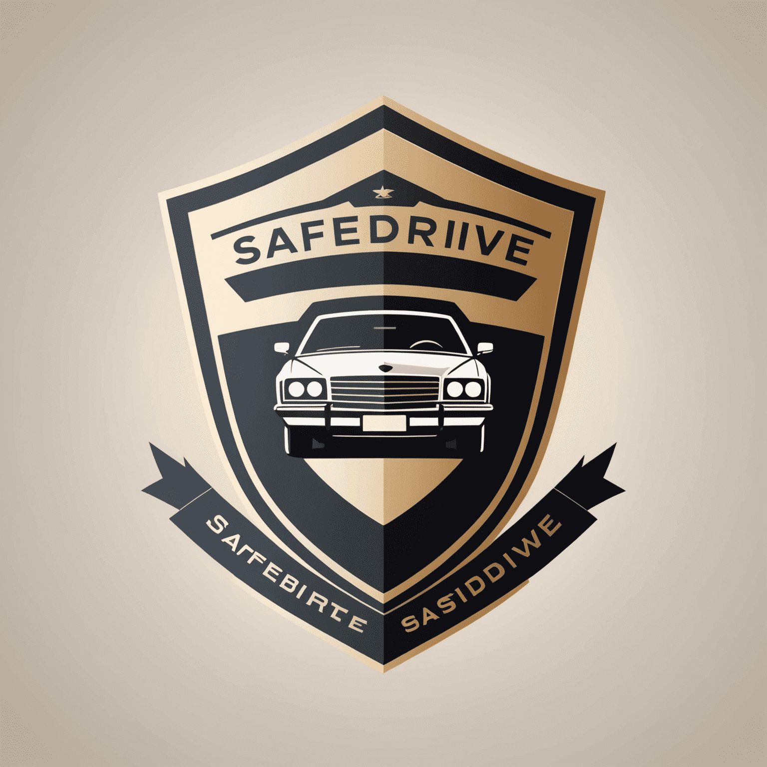 SafeDrive logo: een stijlvol ontwerp met een auto silhouet en een schild, wat veiligheid en bescherming symboliseert