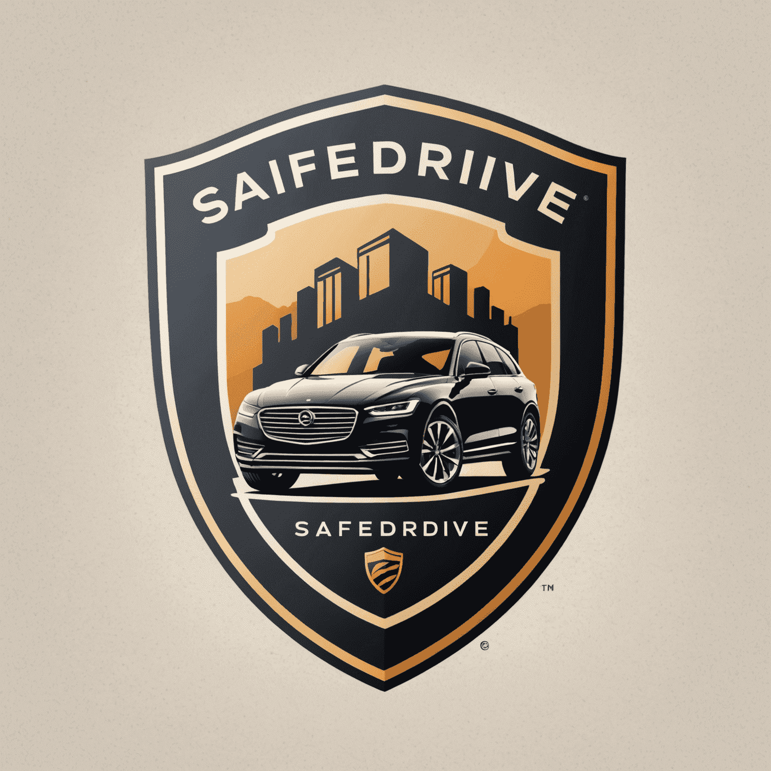 SafeDrive logo: een stijlvol ontwerp met een auto silhouet en een schild, wat veiligheid en bescherming symboliseert