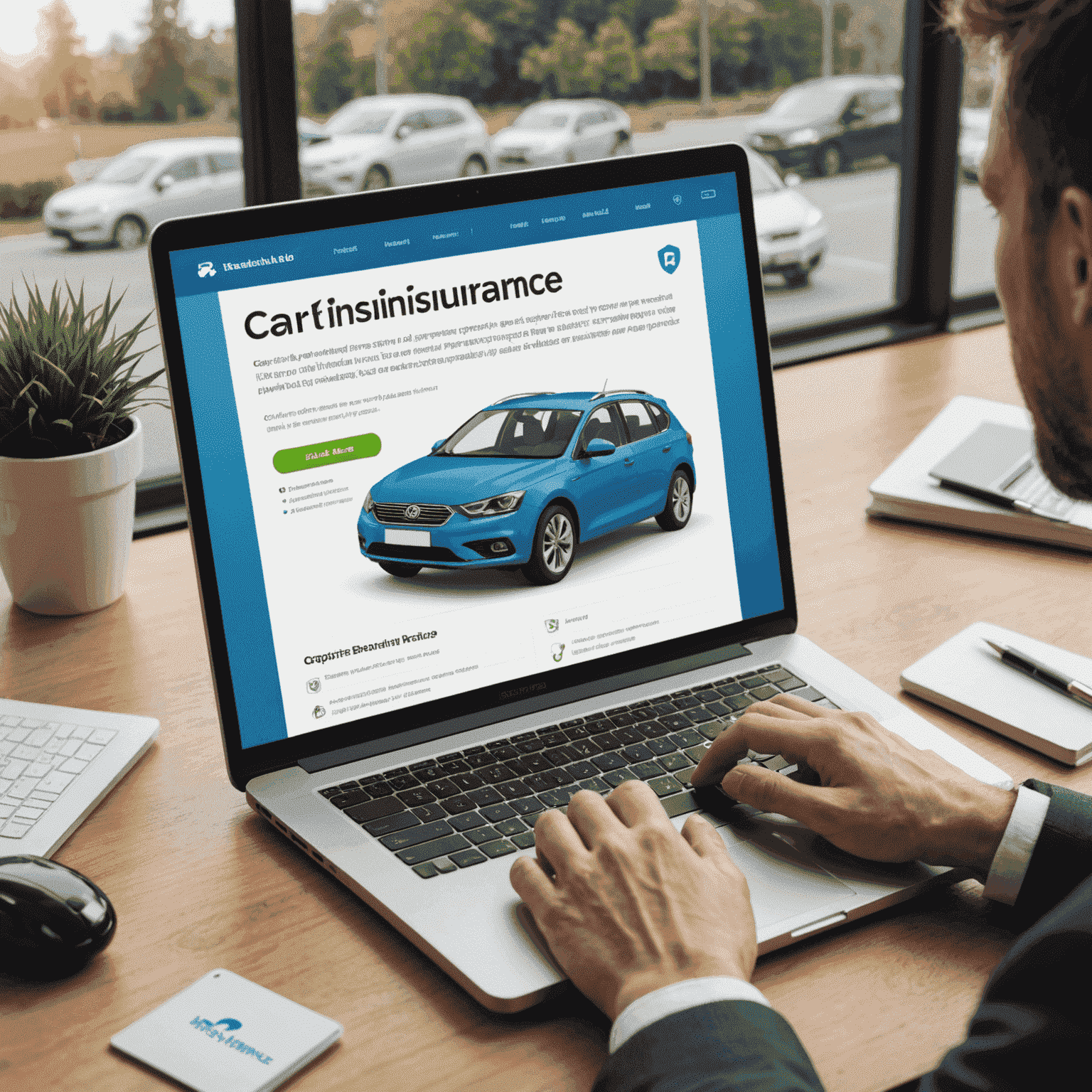 Een persoon die op een laptop een online autoverzekering offerte aanvraagt. De afbeelding toont een gebruiksvriendelijke interface met verschillende opties voor autoverzekeringen.