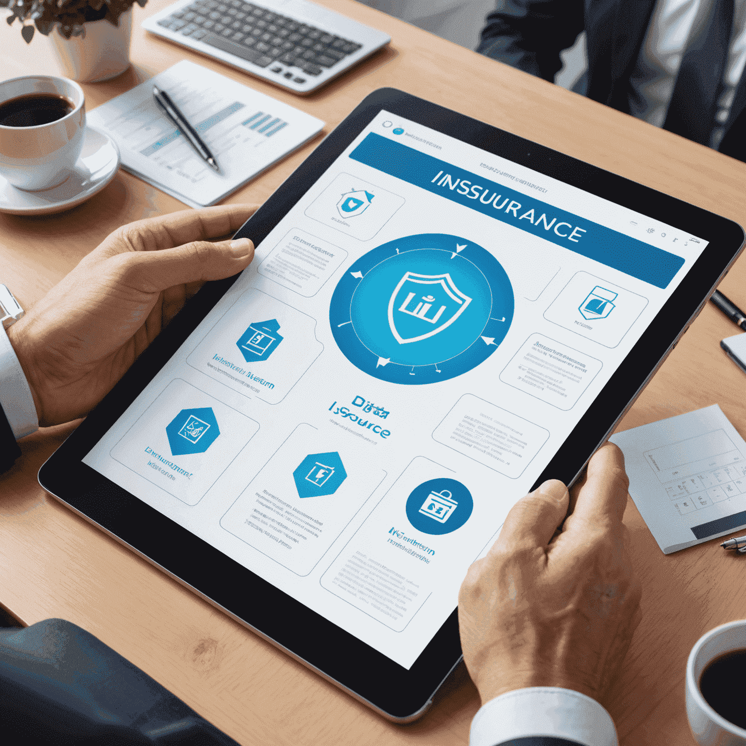 Een tablet met digitale verzekeringsdocumenten op het scherm, omringd door veiligheidssymbolen die de beveiliging van de gegevensoverdracht weergeven