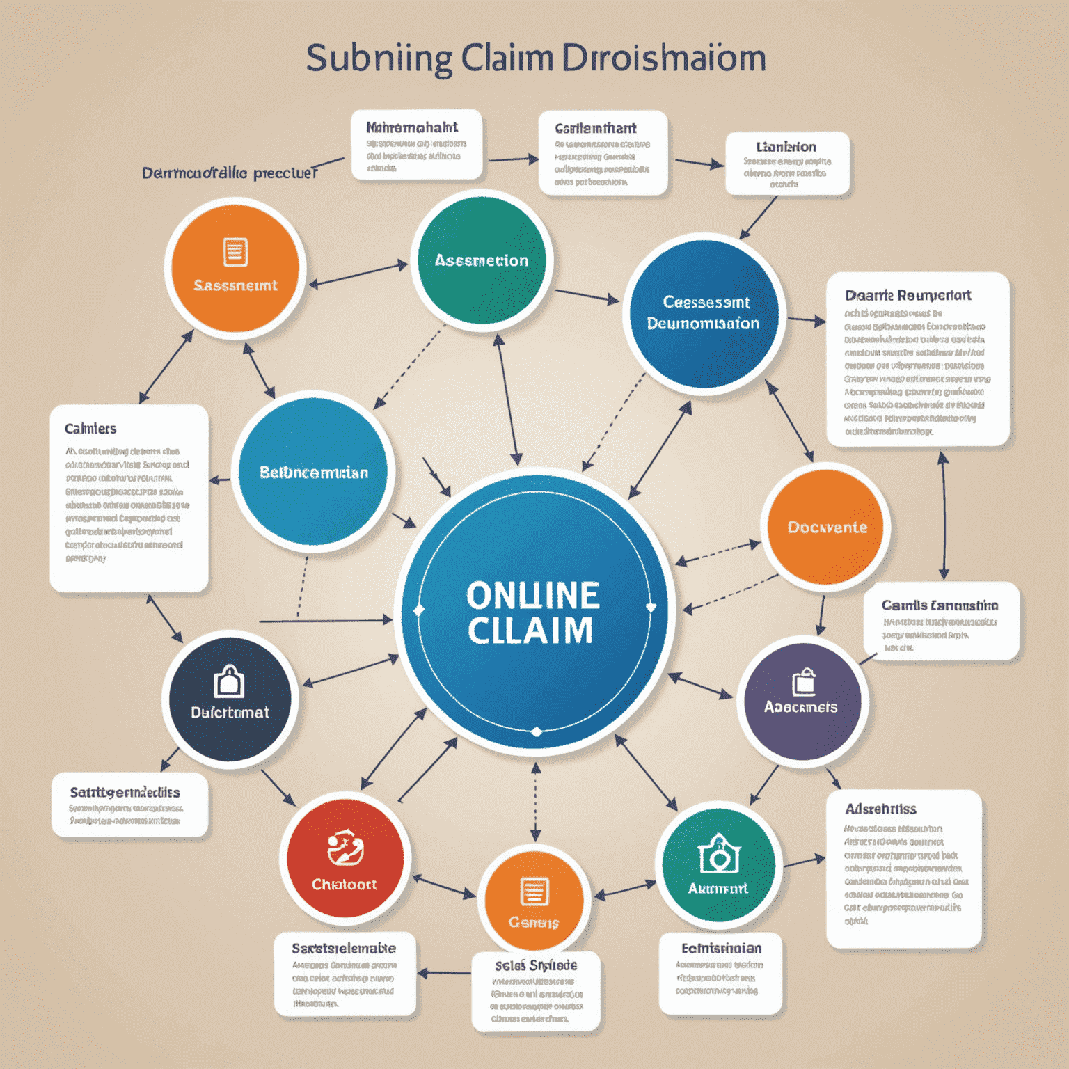 Een schematische weergave van het online claimverwerkingsproces, met stappen zoals 'Claim indienen', 'Documentatie uploaden', 'Beoordeling' en 'Afhandeling'