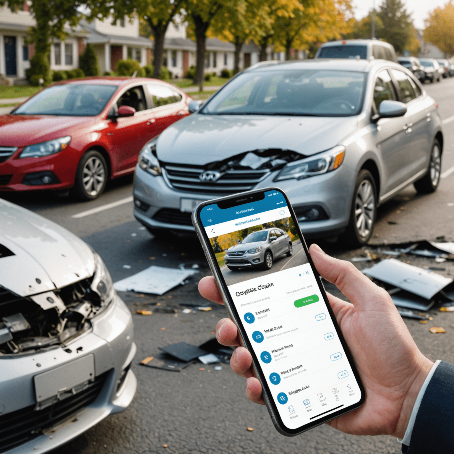 Een persoon die een schadeclaim indient via een smartphone-app, met een beschadigde auto op de achtergrond